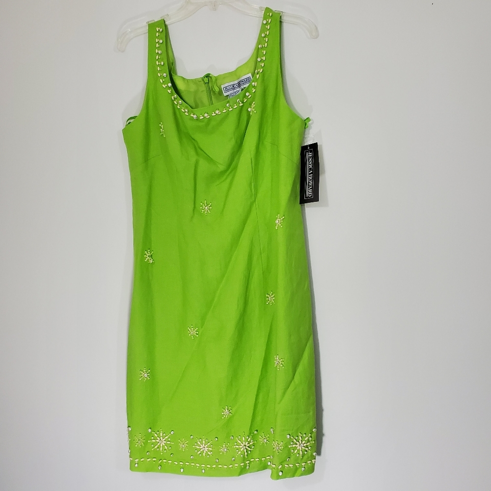NWT Jessica Howard Green Linen Dress with embroidered beads, Size 14